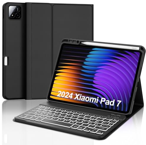 IVEOPPE Hülle mit Tastatur für Xiaomi Pad 7/Pad 7 Pro 11.2, 7-Farbige Beleuchtung Abnehmbare Magnetisch QWERTZ Tastatur für Xiaomi Pad 7 2024 11.2 Zoll, Schwarz