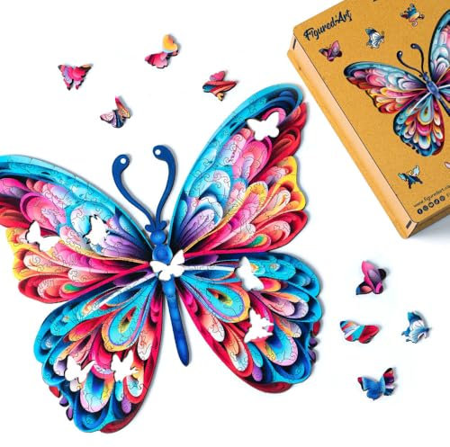 Figured'Art Holzpuzzle Erwachsene und Kinder 200 Teile Tiere - Schöner Regenbogen-Schmetterling - Originelles Design 32x27,5 cm Einzigartige Form mit Premium-Holzkiste
