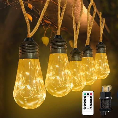 Kimuwote Catena Luminosa a LED per Esterni e Interni, 7M 20 LED Luci Esterno Impermeabile con Plug, 8 Modalità Lampadine Filo con Corda di Canapa per Natale, Giardino, Balcone, Terrazzo, Bianco Caldo