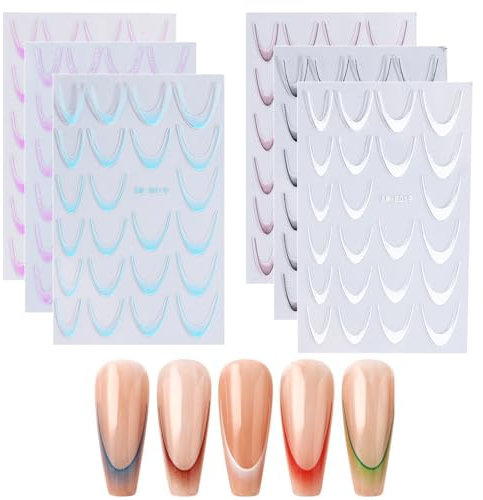 KEQAR 6 PCS Set di Adesivi per Unghie French Tip, Impermeabili e Autoadesivi, Accessori per Decorazioni Unghie per Famiglia (Colore Solido Gradiente)