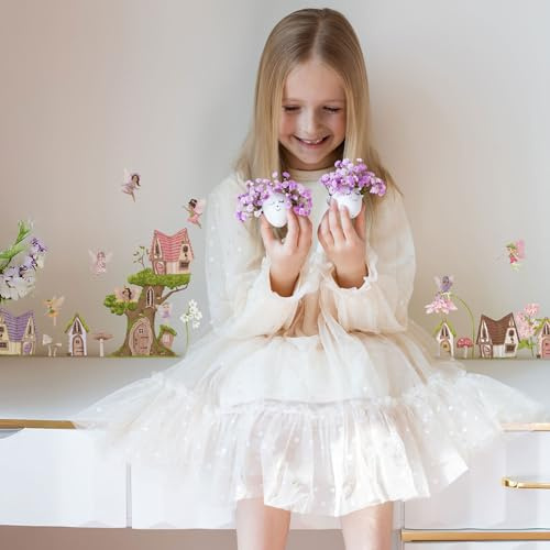 Fairy Village Wall Sticker Pack – Removable Kids’ Wall Decals for Bedrooms, Nurseries & Playrooms – Magical Fairy House & Toadstool Stickers for Girls’ Room Décor