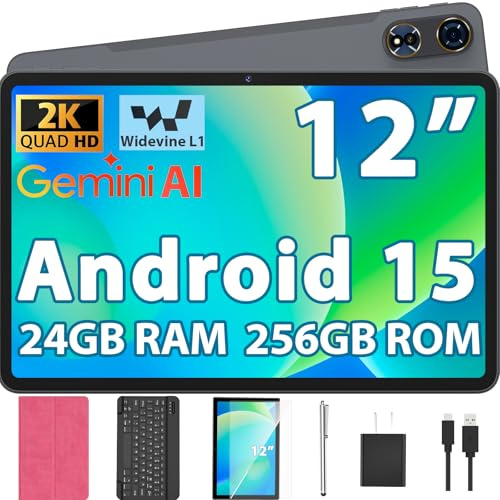 Tableta Android 15 de 12 pulgadas con teclado, 24 GB de RAM, 256 GB de ROM, 2 TB de expansión, pantalla de 2000 x 1200, Octa-Core T615, cámara de 8 + 16 MP, batería de 8000 mAh, WiFi 5G, tableta 2K