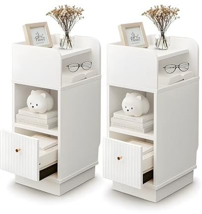 EORMM Schmaler Nachttisch 2er Set 25 cm, platzsparend mit Schublade und offenem Fach, 62 cm Höhe für Boxspringbetten und Sofas, als Beistelltisch für Schlafzimmer und Wohnzimmer, modernes Design