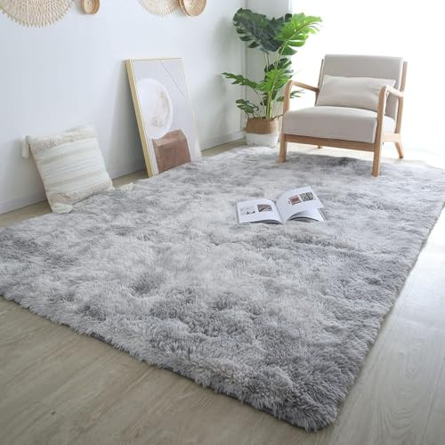ANJIAJIE Teppich Langflor 130 x 180 cm Weich Modern Elegant Pflegeleicht Uni Seidenglanz Flauschig Wohnzimmer Anti Rutsch Extra für Wohnzimmer Schlafzimmer Flur, Hellgrau