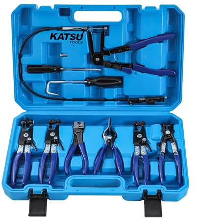 KATSU Tools Juego de 9 alicates flexibles de abrazadera de manguera, kit de removedor de alicates de clip de alambre de resorte de largo alcance, herramientas automáticas para manguera de combustible