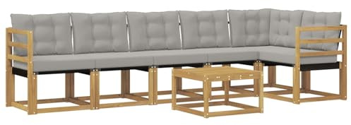 vidaXL Outdoor-Sofagarnitur mit Kissen 7 pcs Weiß und Hellgrau, Garten, modernes Sofa-Set, langlebige Möbel für draußen, stilvolle Lounge, entspannen am Pool