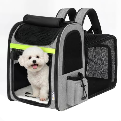 PawHut Hunderucksack Katzenrucksack für Katzen/Hunde bis 10 kg Hellgrau | Erweiterbar, Netzfenster, Katzen Rucksack, Kleine Hunde, Innere Sicherheitsleine, Taschen, Reflektierendem Streifen