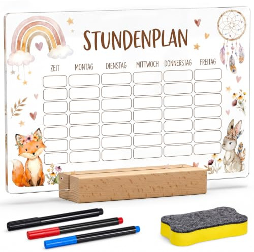 BBTO Einschulung Geschenk Abwischbarer Stundenplan Grundschule aus Acryl | Kinder Wochenplaner mit Stifte, Holzhalter, Whiteboard Schwamm, Geschenk Schultüte Füllung Mädchen Jungen zum Schulanfang