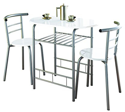 spot on dealz® Modern White High Gloss Small Dining Table and 2 Chairs Set Metal Frame MDF wood Top Kitchen Dining room sets 2 seater Space-saving furniture G-0075