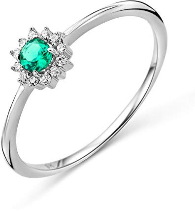 MIORE Anello Donna Oro Bianco 9KT 375, Anello con Smeraldo/Rubino/Saffiro Centrale e Contorno di Diamanti Naturali, Anello Fidanzamento, Gioielli Donna Anallergici, Scatola Portagioie
