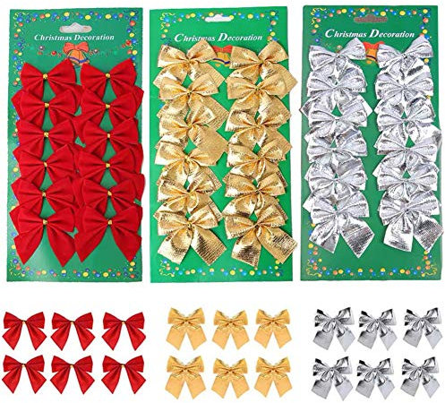 meioro Lazo de Navidad 36 Piezas de Adornos de Árbol de Navidad de Mini, Lazo Decoración de Cinta de Árbol de Navidad,Suministros de Embalaje de Decoración Familiar Para (Rojo + Oro + Plata, 36pcs)