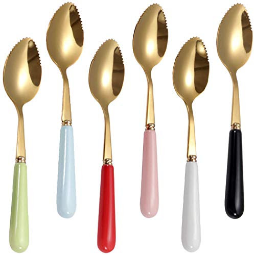 Goeielewe Set mit 6 Grapefruit-Löffeln mit runden Wellenschliffen, Edelstahl-Wellenlöffel mit mehrfarbigem Keramikgriff, Kiwi-Apfel, Zitrusfrüchte, Dessertlöffel-Sets (Gold)