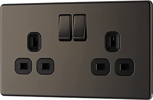 2 x Double Switched Screwless Flat Plate Power Socket, Black Nickel, 13 Amp