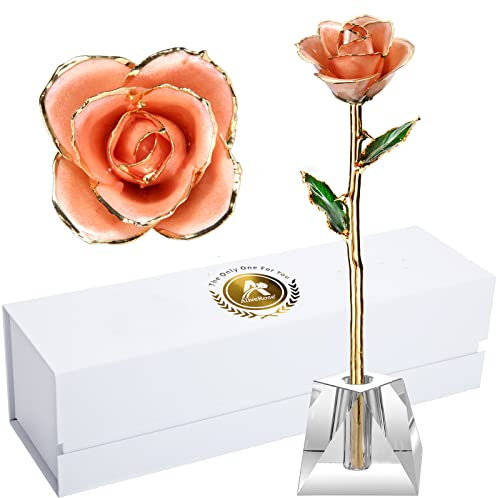 AliveRose Rose d'anniversaire pour femme, rose véritable en or 24 carats, rose à longue tige en or véritable pour la Saint-Valentin, la fête des mères, un anniversaire (rose pêche avec vase en