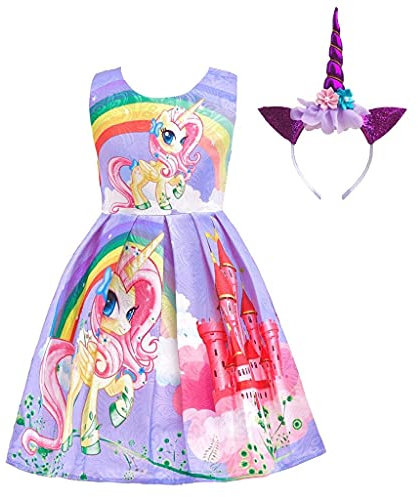 Lito Angels Einhorn Kleid Kostüm mit Haarreifen für Kinder Mädchen, Little Pony Prinzessin Sommerkleid Geburtstag Kinderkleidung, Größe 6-7 Jahre 122, Stil C - Lila
