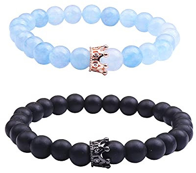 UEUC Armband mit CZ Kronen König und Königin schwarz Matte und weiß Howlite 8 mm Beads Armband(#72)