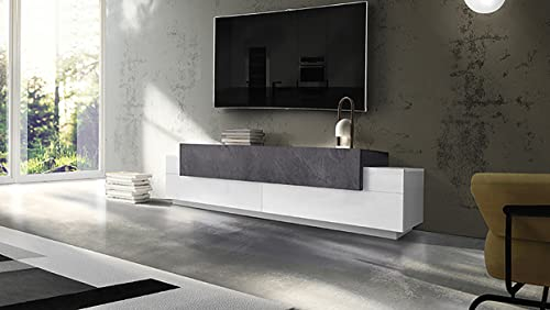 möbelando TV-Lowboard Rack Unterschrank Fernsehtisch HiFi Element Schrank Catania II Weiß Hochglanz/Schiefer Nachbildung