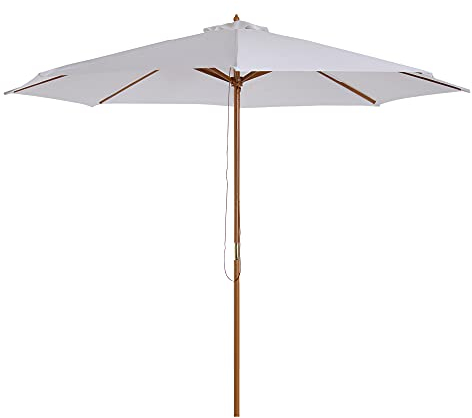 Outsunny 3(m) Garden Parasol, Pulley Operated Patio Umbrella, Wooden Parasol, Table Market Umbrella with Rope Pulley Mechanism and 8 Ribs, White