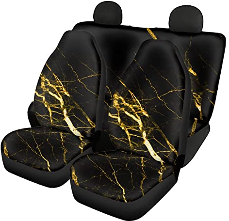 Dolyues Autositzbezüge mit Marmor-Druck, komplettes Set, 2 Vordersitzbezüge und geteilter Bankschutz, universelle Passform, Schwarz / Gold
