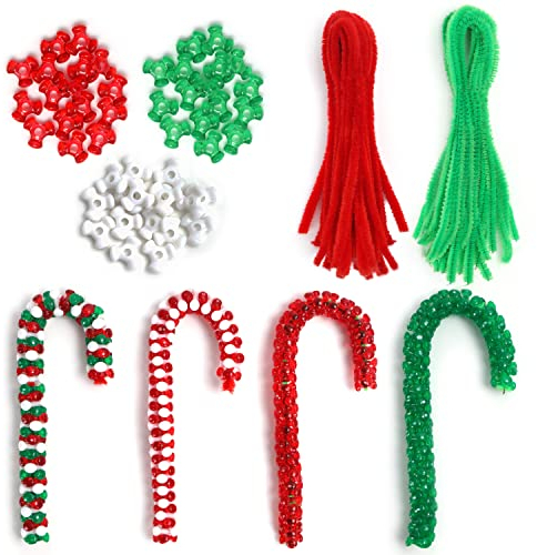 BELLE VOUS 1350 Stk Bastelset Weihnachten - 9,7 mm Dreikantperlen und Pfeifenreiniger Grün & Rot - Bastelperlen Weihnachten Set für Zuckerstangen-, Weihnachtsdeko Basteln, Kranz-/Schmuckherstellung