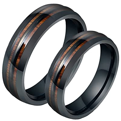 Bishilin Verlobung Ringe Edelstahl, 6MM Schwarz Ringe mit Holz Damen Gr.60 (19.1) + Herren Gr.65 (20.7), Eheringe Paarringe für Sie und Ihn