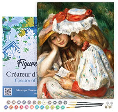 Figured'Art Peinture par Numéro Adulte avec Cadre Jeunes Filles Lisant - Renoir - Activité Manuelle Kit de Loisir Créatif DIY Numéro d'Art Complet - 40x50cm toile tendue sur châssis