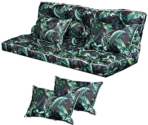 Bielik Garden Canopy Swing Seat Cushion with 2 Small Pillows - Swing Bench Cushion made of Waterproof Fabric with Oeko-TEX Certificate and Straps attached - Made in EU (Green Leaves)