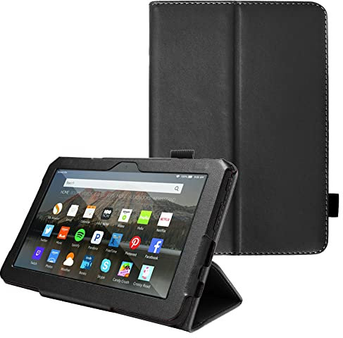 TECHGEAR Hülle für Neue Fire 7 Tablette 2022 (12. Generation) PU Leder Slim Hülle mit Ständer und Handschlaufe [Auto Schlaf/Wach] Schutzhülle Tasche für Amazon Fire 7 12. Generation - Schwarz