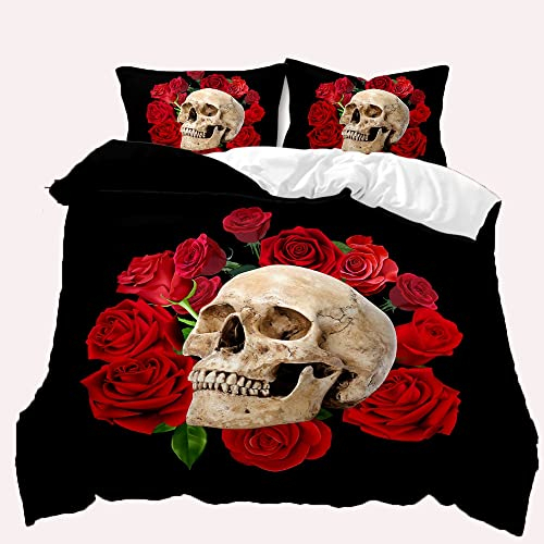 TULTOAP Totenkopf Bettwäsche 135x200cm 3D Druck Rosen und Schädel Bettbezug Set Gothic Bettwäsche Set Skull Motiv Bettbezug mit 2 Kissenbezug (Rose Schädel,135 x 200 cm)