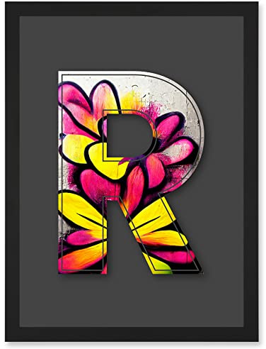 Wee Blue Coo Letter R Yellow Pink Flower Decorative Graffiti Mural Alphabet Initial Stencil Artwork Framed Wall Art Print A4