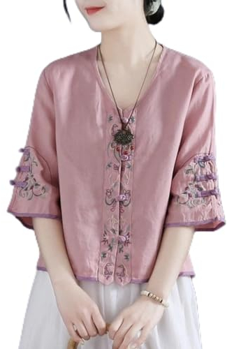 MOOCO MORNING Chemise en coton et lin avec boutons brodés pour femme - Haut d'été - Col en V - Chemisier chinois