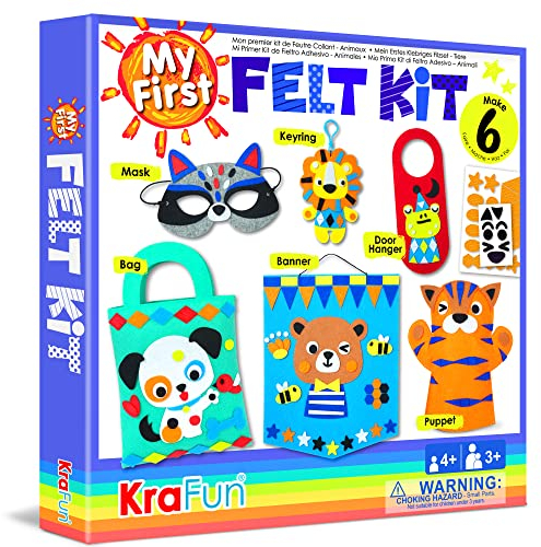 KRAFUN Tier-Filz-Bastelset für Kinder ab 3 Jahren, 6 DIY-Kunstprojekte mit Maske, Schlüsselring, Tasche, Anleitung, Wiederverwendbare Box, Lernspielzeug