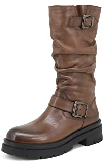 QUEEN HELENA Stivali Bikers di Pelle Stivaletti Arricciati con Zip Laterale Plateau Tacco Basso Donna S277 (Marrone, numeric_36)