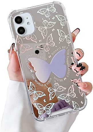 DEFBSC Compatible with iPhone 11 Case for Girls Women, Cute Butterfly Pattern Mirror Phone Case, Slim Soft TPU Edge + Hard PC Back Cover Protective Case with Butterfly Design - Purple