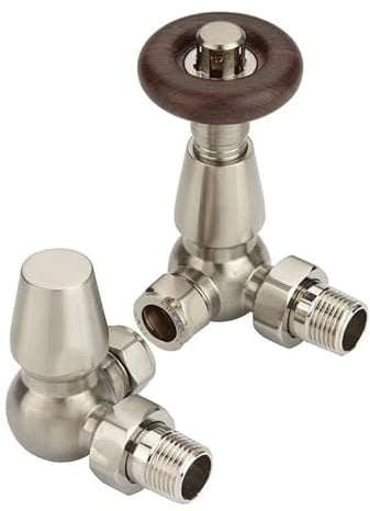 Excel Home Thermostatic Corner Radiator Valves - Traditional Design 1/2 x 15mm Metal Head Radiator Valves (Satin Nickel)