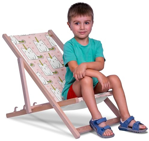 DreamRoots Kinder Liegestuhl Holz Gr. S, Unicorn Cat | Klappbarer Campingstuhl faltbar, für Garten & Strand, bis 130 kg, waschbarer Bezug, 100% Polyester, UV-beständig, Kinderliege