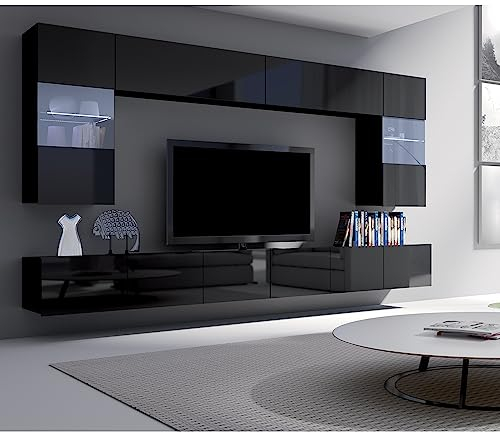 Lomadox Wohnwand Anbauwand schwarz Hochglanz 6-teilig Modern, mit 2 TV-Lowboards, 2 Hängevitrinen mit Beleuchtung, 2 Hängeschränke