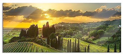 Pixxprint Glasbild Panorama, Wandbild aus Echtglas, Malerische Weinberge in der Toskana, 120x50 cm, inkl. Aufhängung und Abstandshalter