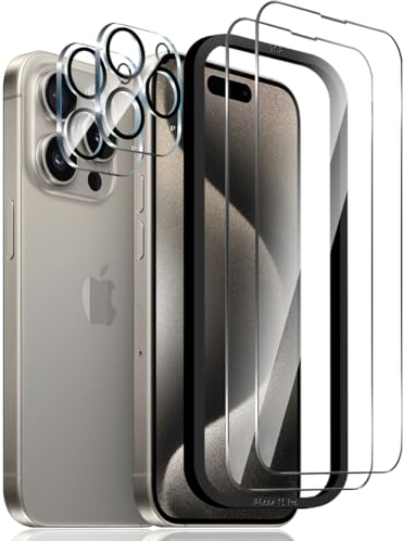 Jewloofa Schutzfolie für iPhone 15 Pro Panzer Schutz Glas [2 Stück] und iPhone 15 Pro Kameraschutz [2 Stück], 9H/HD Displayschutz/Bläschenfrei/Anti- Kratzer, Panzerfolie für iPhone 15 Pro
