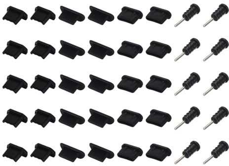 QUARKZMAN 40Stk Handy Port Kanaldeckel 4 Typen Stopfen Silikon Kappen | Schwarz, USB Typ C/Mikro USB/3.5mm Audio Kopfhörer Jack