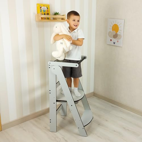 DannyFunny Torre de Aprendizaje Montessori Gris Compacta: Torre de Aprendizaje Evolutiva Niños - Escalera 2 Peldaños - Escalón Infantil, Taburete Infantil - Personalizable con Nombre, Hecho a Mano