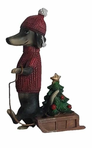 ES Deko Figur Weihnachtsdackel mit Weihnachtsbaum auf Schlitten, ca. 12,5 cm, Dekoration Figuren Tiere Dackel Hund