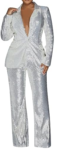 callmo Anzug Damen Elegant Business Anzug Set mit Pailletten 2-teilig Hosenanzug Blazer Hose Reverskragen Schmale Passform Formelle Anzüge 2024 Frühjahr Damen Pailletten-Sets