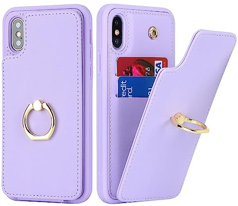 SailorTech für iPhone X/XS Handyhülle mit Kreditkartenhalter für Frauen, iPhone X/XS Hülle Ring-Ständer Kartenschlitze Standfunktion Modische Tasche für Männer - Lila