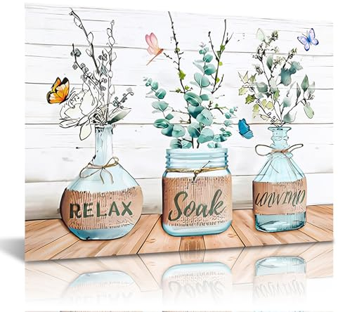 Dazzlewall Bauernhaus Badezimmer Wandbilder Blumen Grünes Blatt und Schmetterling, Rustikale Leinwand Bilder für Badezimmer Wohnzimmer Deko 30x40 cm Ohne Rahmen