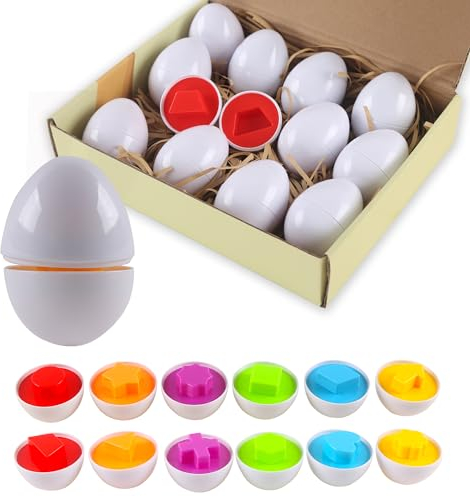 Rshuhx Juguetes de Huevos Montessori Niños para Niños Montessori Juguete de Huevo Reconocimiento Forma y Color Juguete Educativo Regalo Ideal Día del Niño Fiesta de Cumpleaños (12pcs Forma)