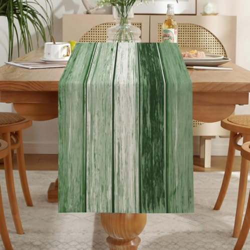 LOZULO Grün Tischläufer Vintage Läufer Tisch Landhausstil Leinen Tischläufer Deko Abwaschbar Table Runner Party Gestreift Tischdeko Outdoor Wetterfest Tischläufer 33x183 für Couchtisch