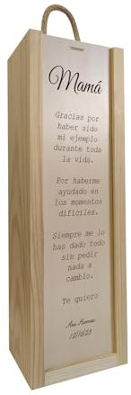 Deliex. Regalo para madres con el mensaje que quieras, caja de madera personalizada para botellas, regalo original día de la madre… (1 botella)