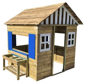 MASGAMES Lollipop XXL-Kinderhaus mit Herd, Autoklav-behandeltes Holz, Level IV zugelassen, für Schulen, Blau