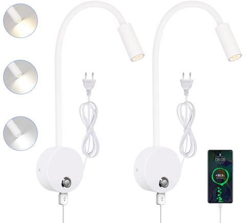 ERWEY 2pcs Applique murale LED, liseuse de chevet avec interrupteur, port de charge USB, 3W liseuse de lit pivotante à 360° avec prise et câble pour chambre, 3000-6000K, Blanc